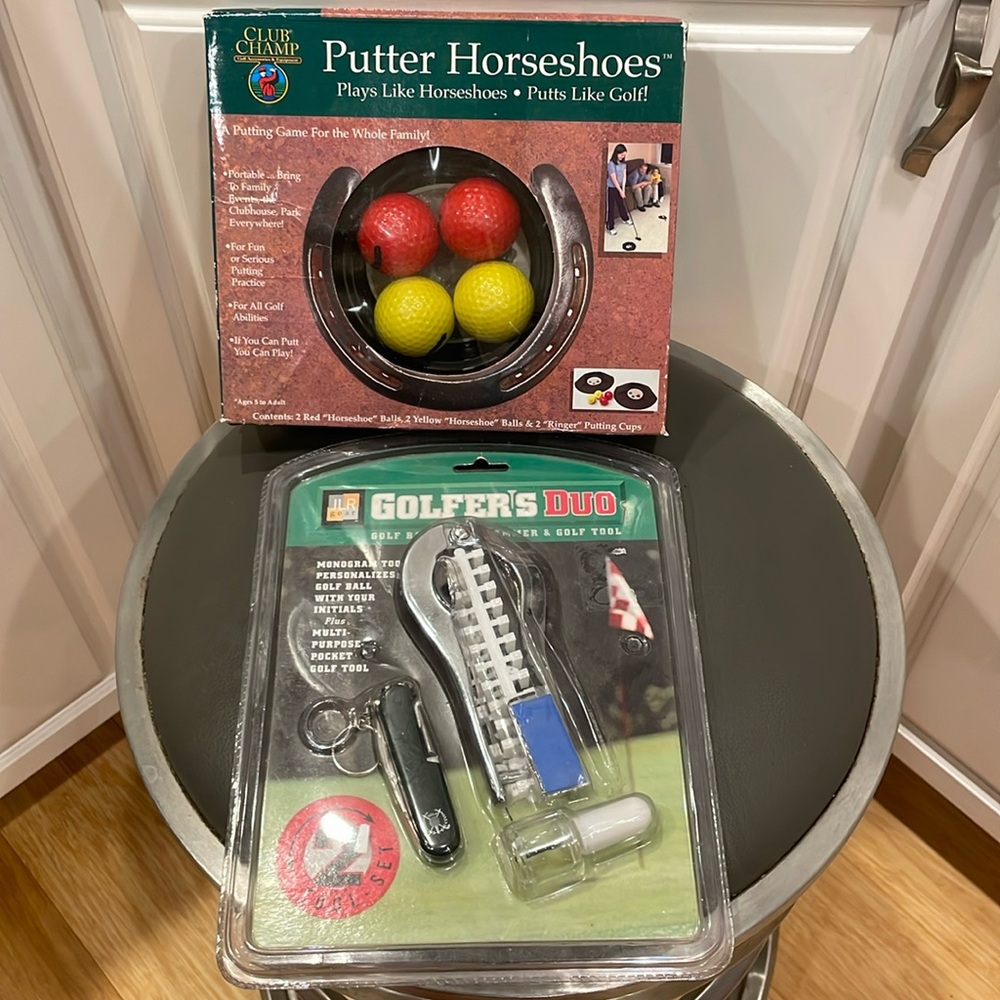 Golfer’s Duo Golf Ball Monogrammer & Golf Tool PLUS Putter Horseshoes, Both NIB